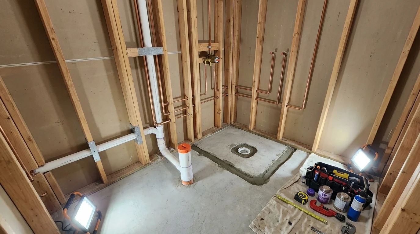 Bathroom rough-in plumbing during remodel by Johns Plumbing LLC in Wingate