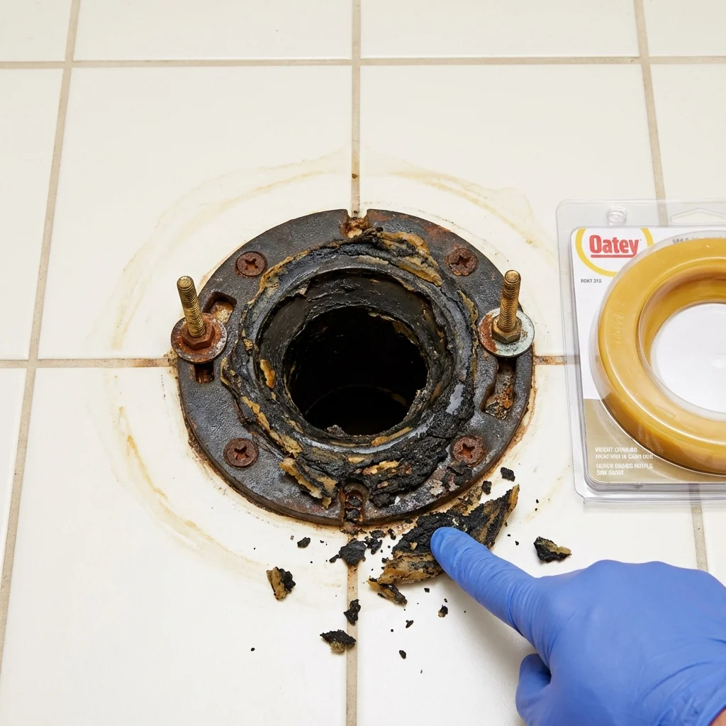 Failed wax ring showing water seepage at the base of a toilet in a Wingate, NC home