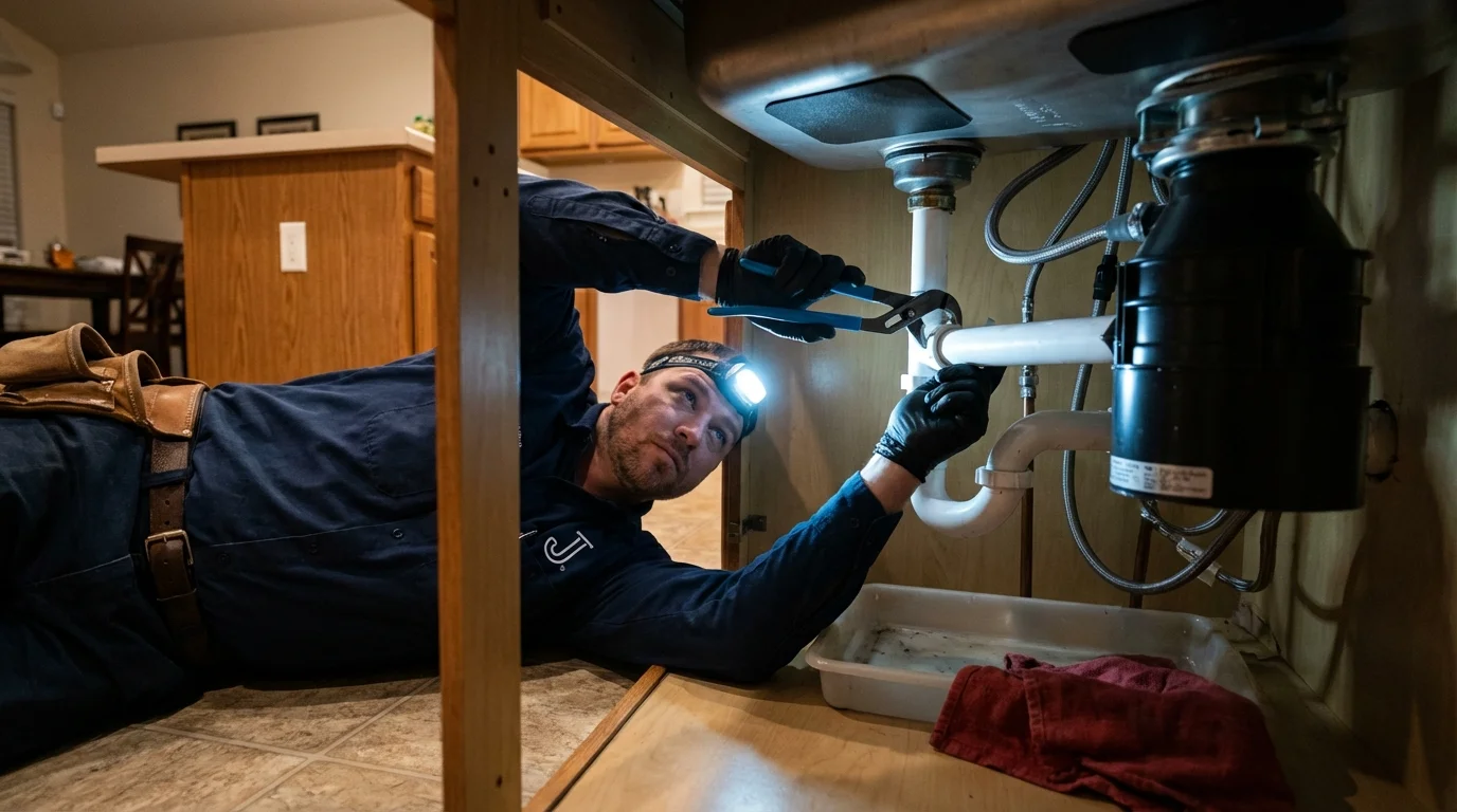 P-trap and supply line connections under a kitchen sink showing a common leak point in Wingate, NC